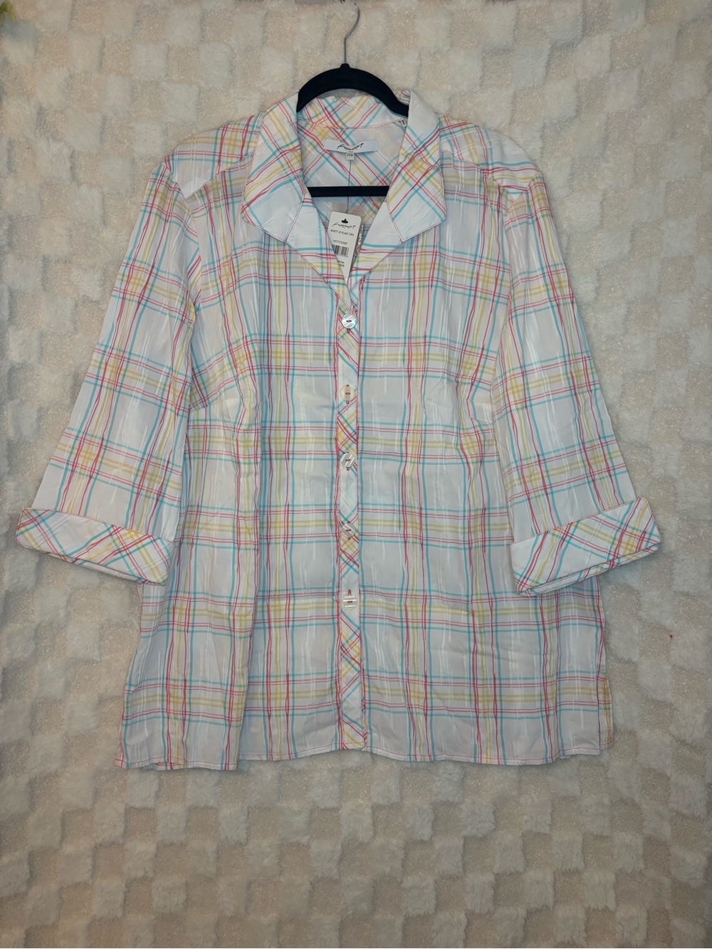 Foxcroft Women’s White Plaid Button-Up Shirt with Pastel Stripes Size 22W